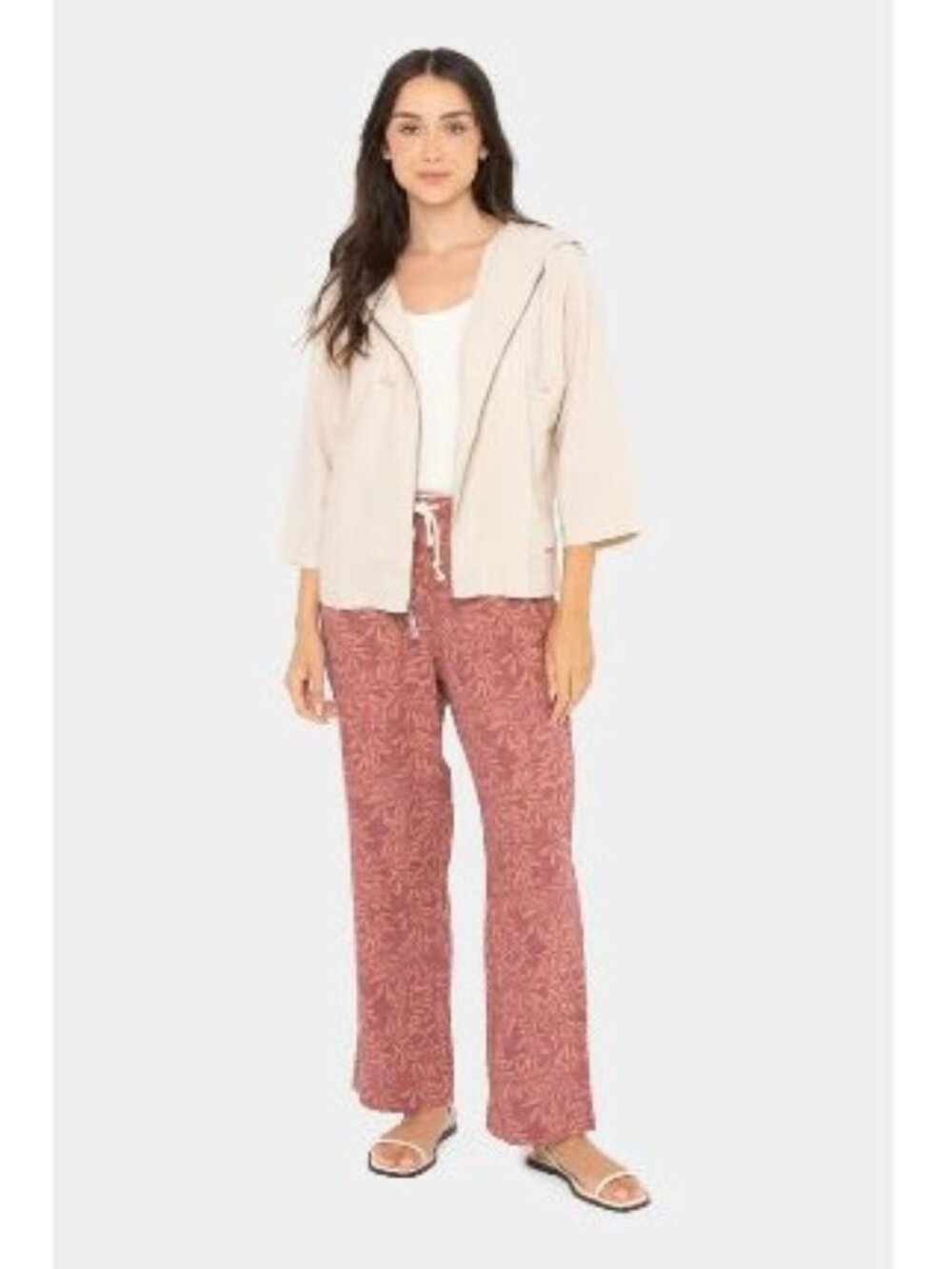 Peace Love World Women’s Mauve Floral Print Linen-Blend Wide-Leg Pants Size S